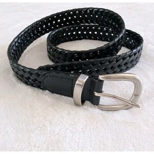 Black Genuine Leather Woven Belt Women's Size 32 Boho Braided Silver‎ Buckle EUC